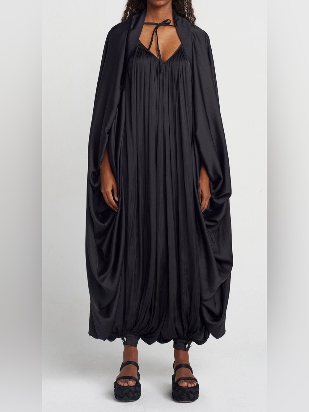 NU London Avant-Garde Satin Maxi Pleated Cape Jacket